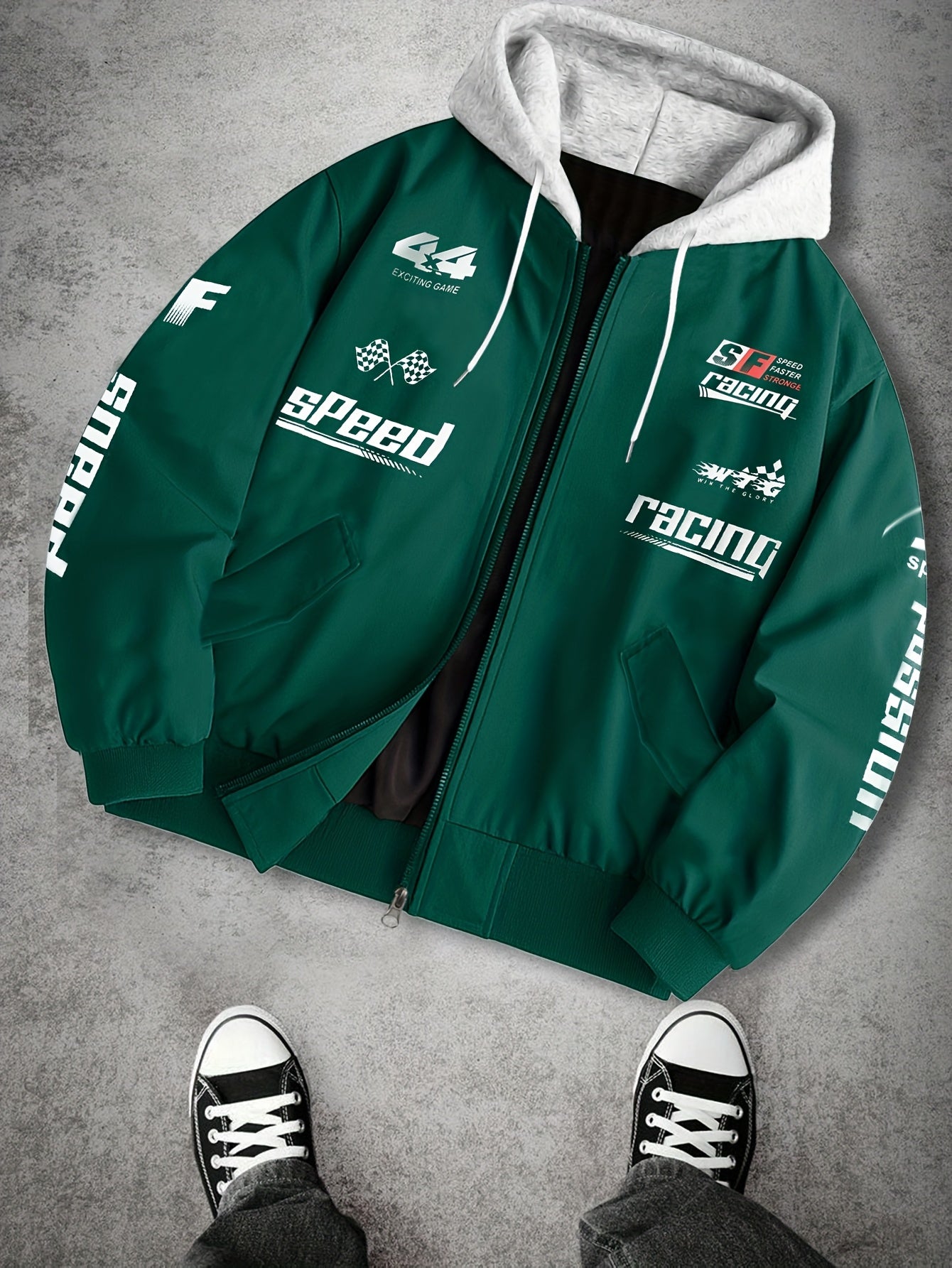Herren Bomberjacke mit Kapuze Racing Aufdruck Sportlich Freizeit