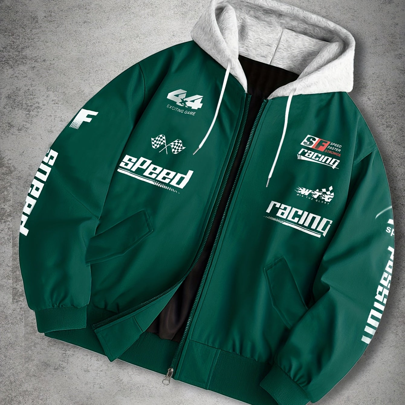 Herren Bomberjacke mit Kapuze Racing Aufdruck Sportlich Freizeit