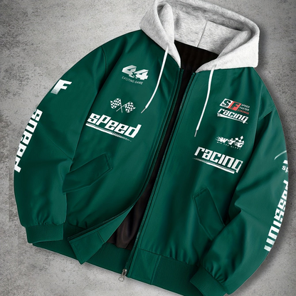 Herren Bomberjacke mit Kapuze Racing Aufdruck Sportlich Freizeit