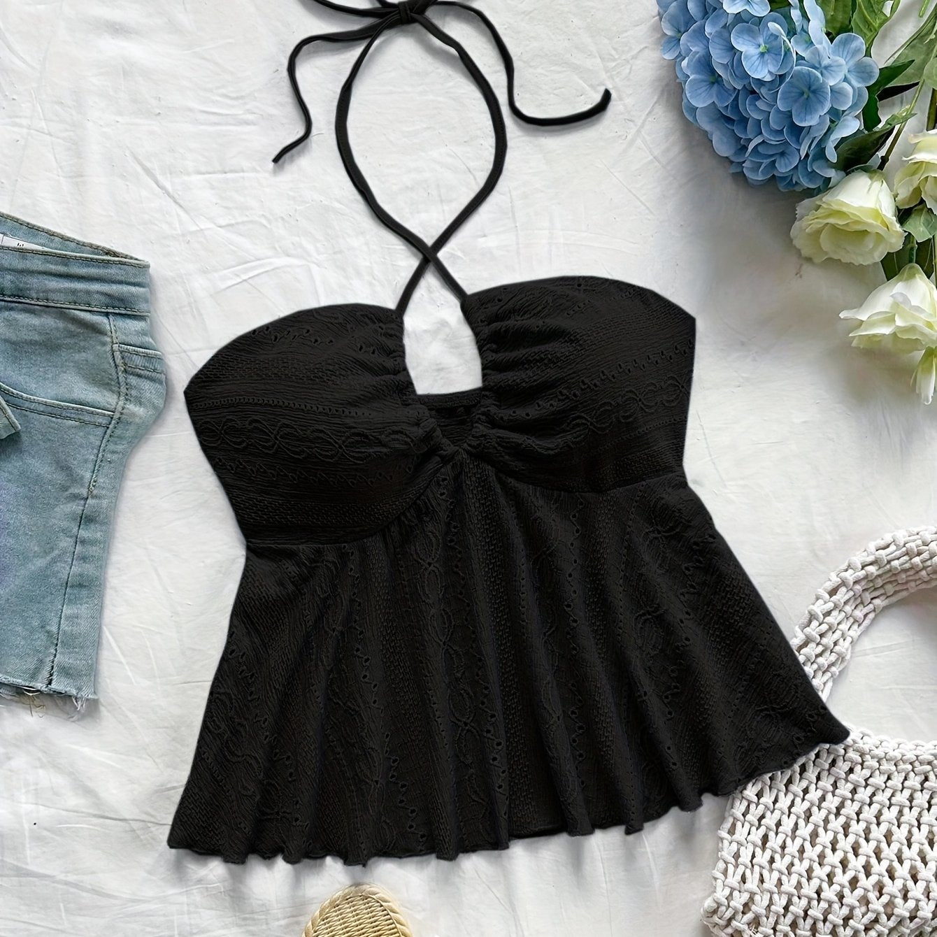 Top Babydoll de tirantes para mujer en estilo vintage – Top veraniego juguetón con bordado para tiempo libre y vacaciones