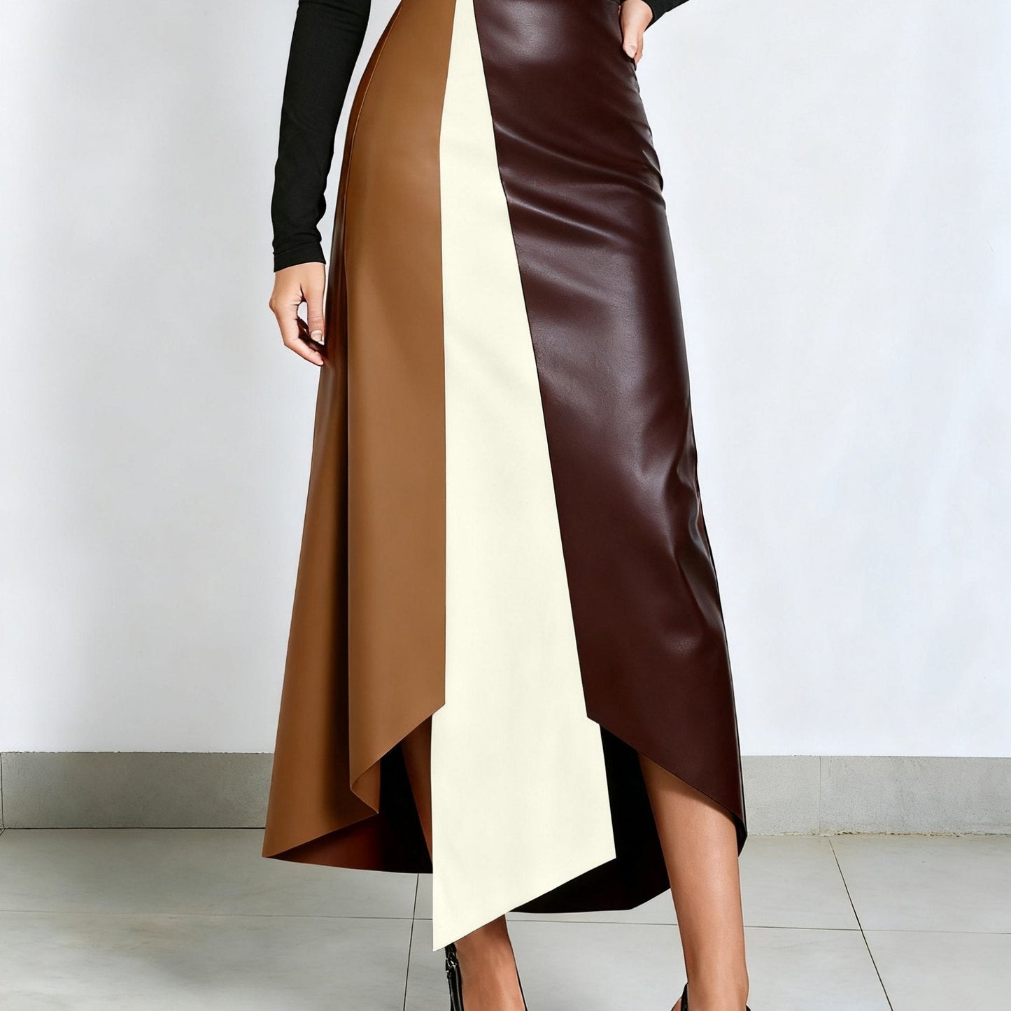Gonna da donna color block con orlo asimmetrico in materiale similpelle