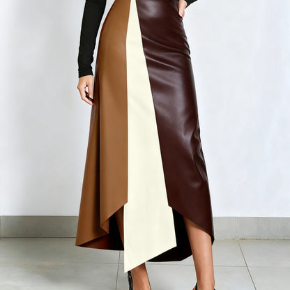 Gonna da donna color block con orlo asimmetrico in materiale similpelle