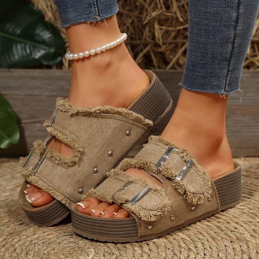 Sandales compensées pour femmes avec franges et clous – Style bohème pour loisirs et quotidien