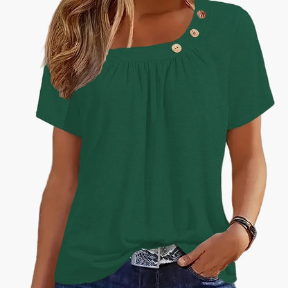 Damen Sommer-Shirt mit asymmetrischem Ausschnitt und Knopfdetail – Lässiges, modisches Freizeitoberteil