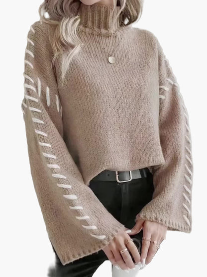 Pull en maille femme à manches larges et couture décorative, col roulé élégant automne/hiver