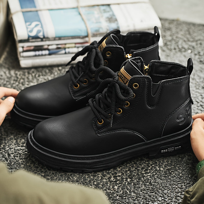 Herren Worker Boots mit Schnürung und Reißverschluss, Robuste Sohle