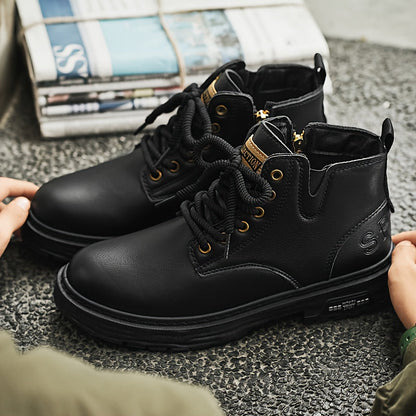 Herren Worker Boots mit Schnürung und Reißverschluss, Robuste Sohle