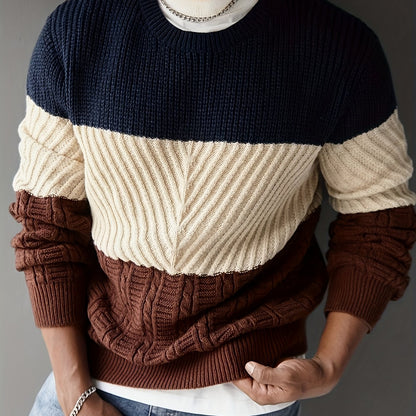 Maglione da uomo in maglia color block blu, beige e marrone, girocollo