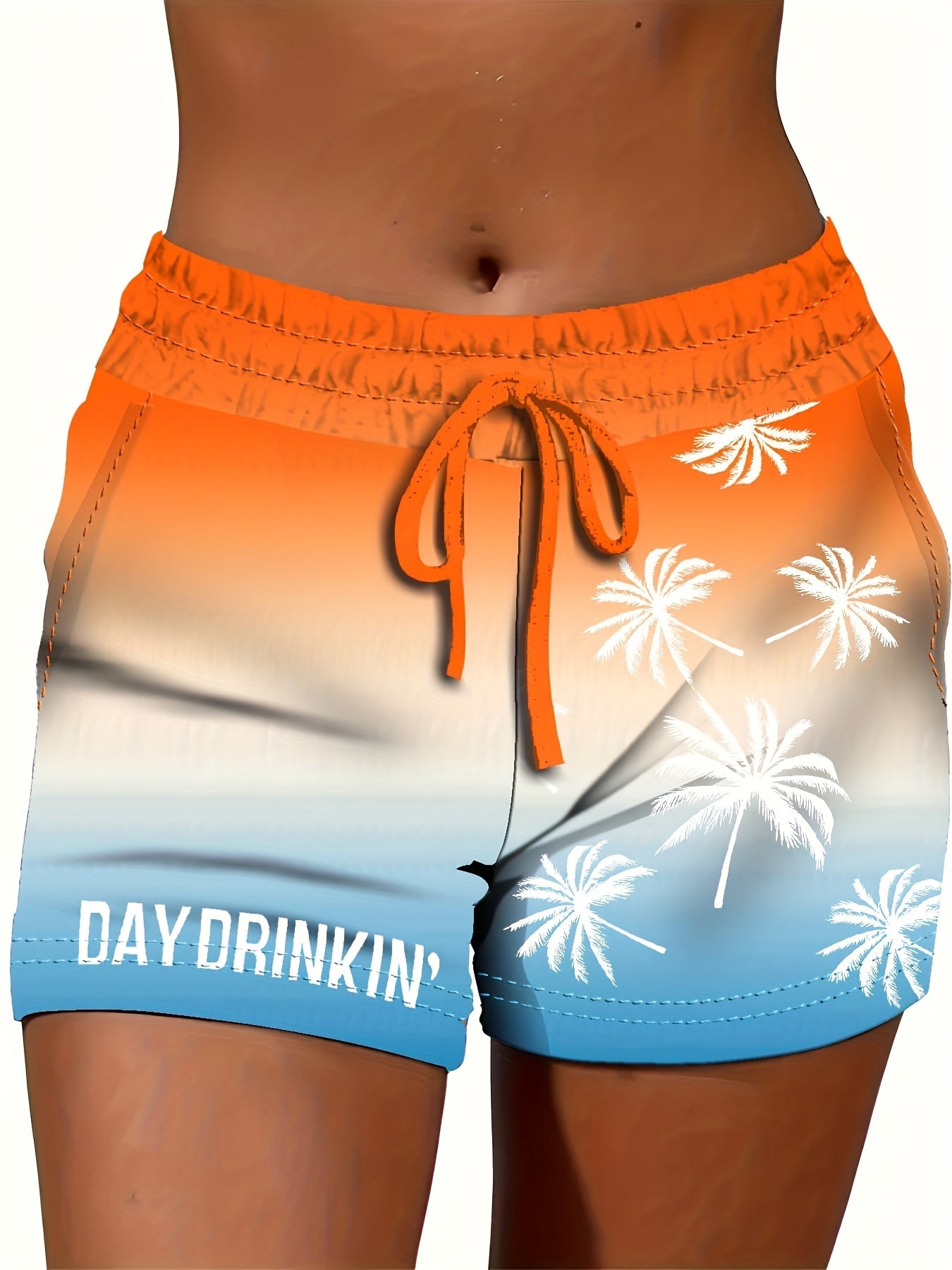 Dame fritidsshorts med palmemønster og «Day Drinkin'»-tekst – Perfekt for ferie og sommer