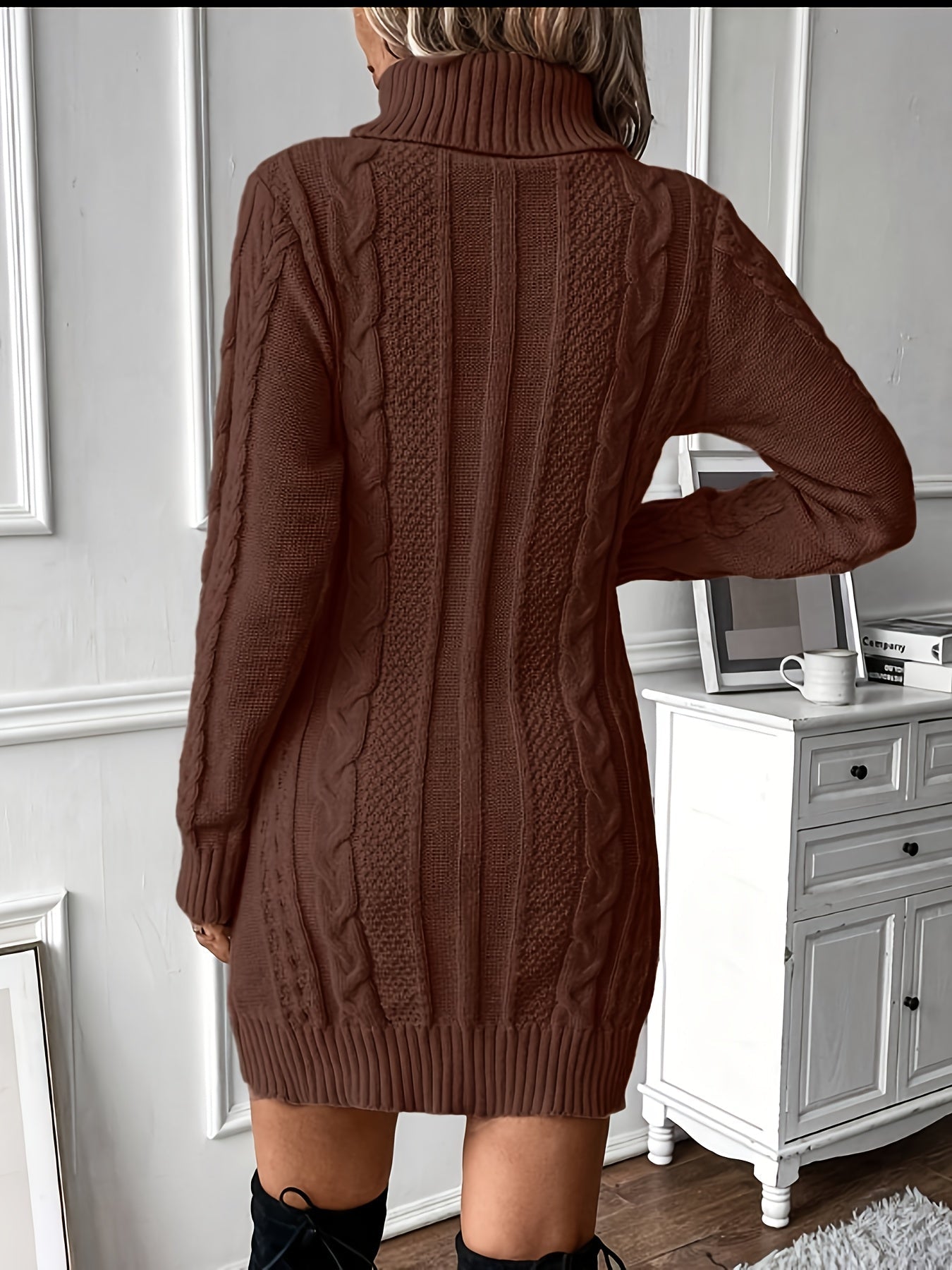 Damen Strickkleid Rollkragen Zopfmuster Langarm