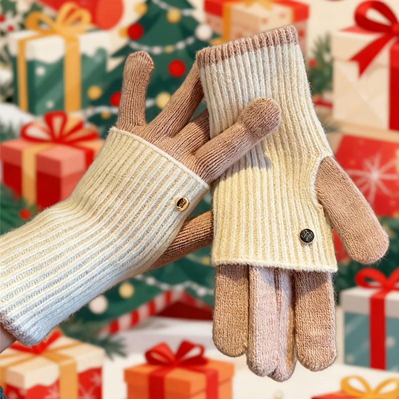 Strickhandschuhe mit abnehmbaren Fäustling-Aufsatz Beige Grau Zweifarbig