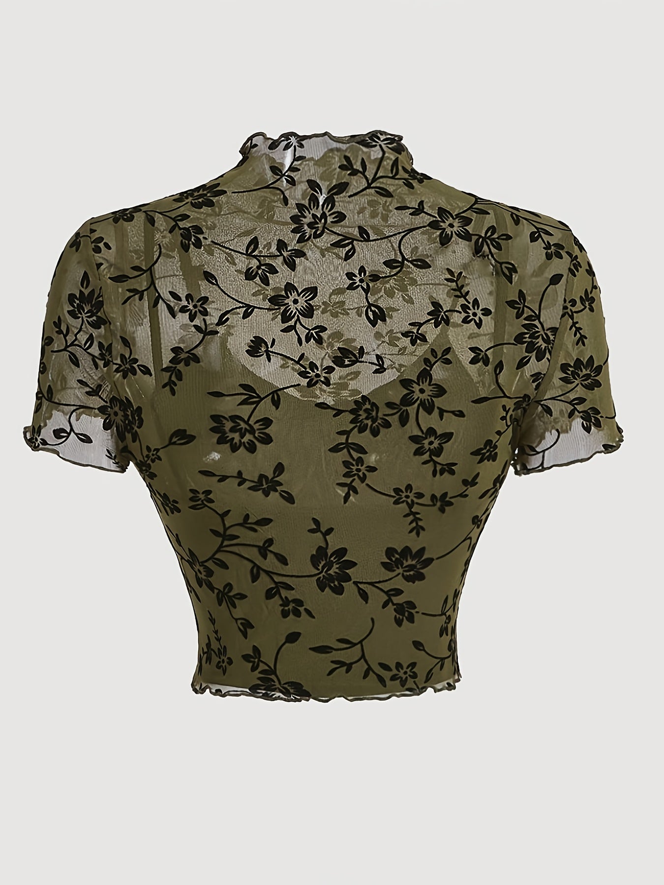 Dame Croptopp i mesh med blomsterprint og ståkrage – Elegant sommerstil
