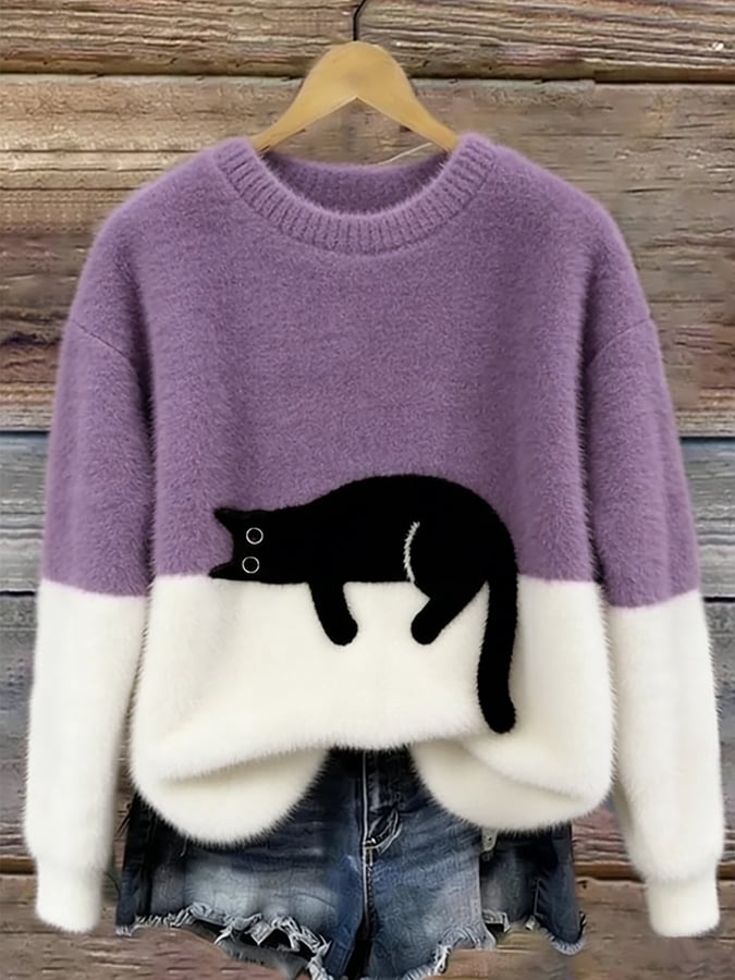 Oversized trui voor dames met colorblock-design en kattenmotief