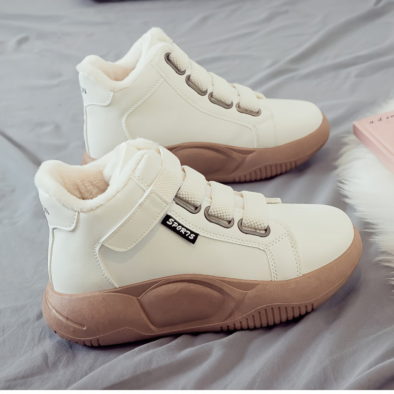 Dames wintersneakers, enkelhoog, warm gevoerd, plateauzool, klittenbandsluiting, zwart, wit, beige