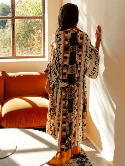 Damen Boho Kimono Lang mit Ethno-Muster – Eleganter Langer Mantel für Strand und Alltag