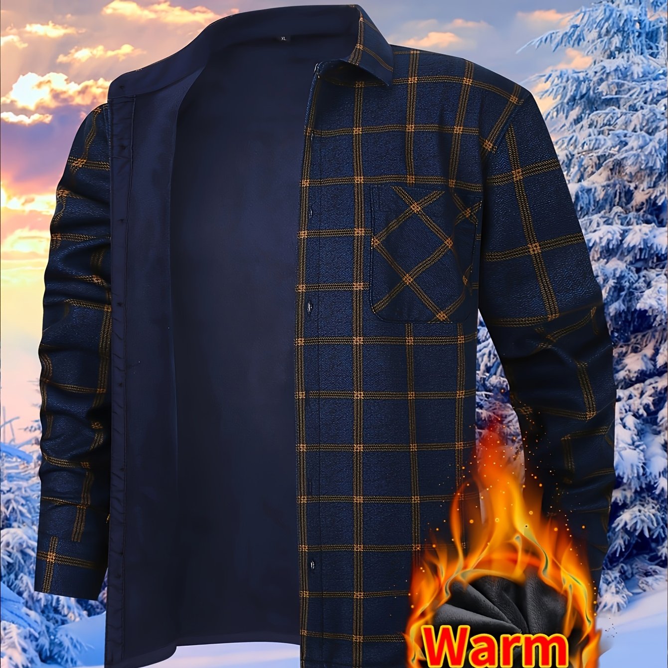 Giacca-camicia da uomo a quadri con fodera in pile e bottoni