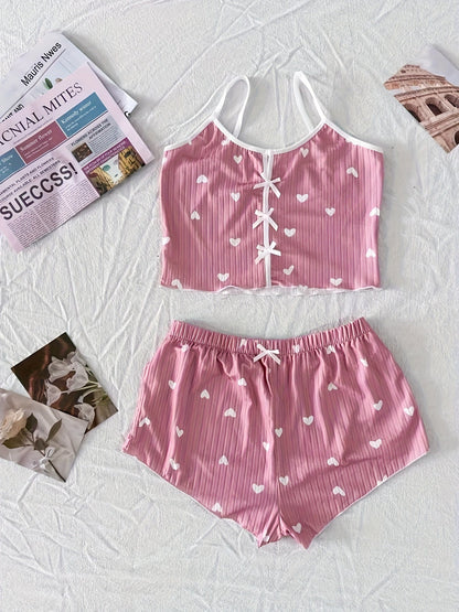Dame pyjamasæt med hjerteprint og sløjfer – To-delt sommernatsæt, sexet stil