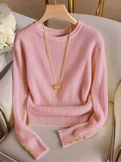 Gerippter Damen Pullover Rundhals Langarm mit Zierknöpfen