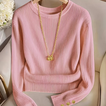Gerippter Damen Pullover Rundhals Langarm mit Zierknöpfen