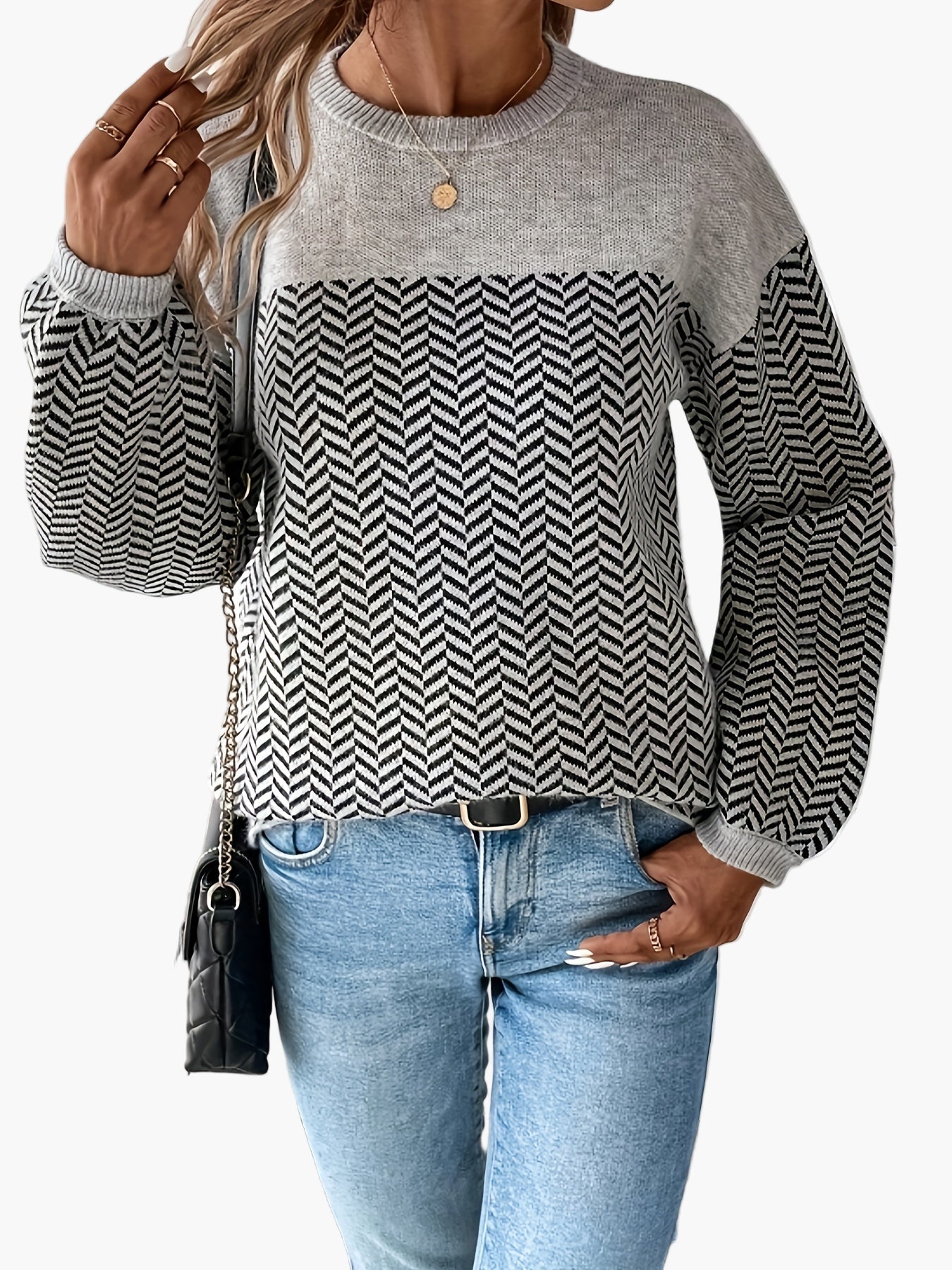 Maglione casual da donna a maglia con motivo pied de poule e scollo rotondo – Perfetto per autunno e inverno
