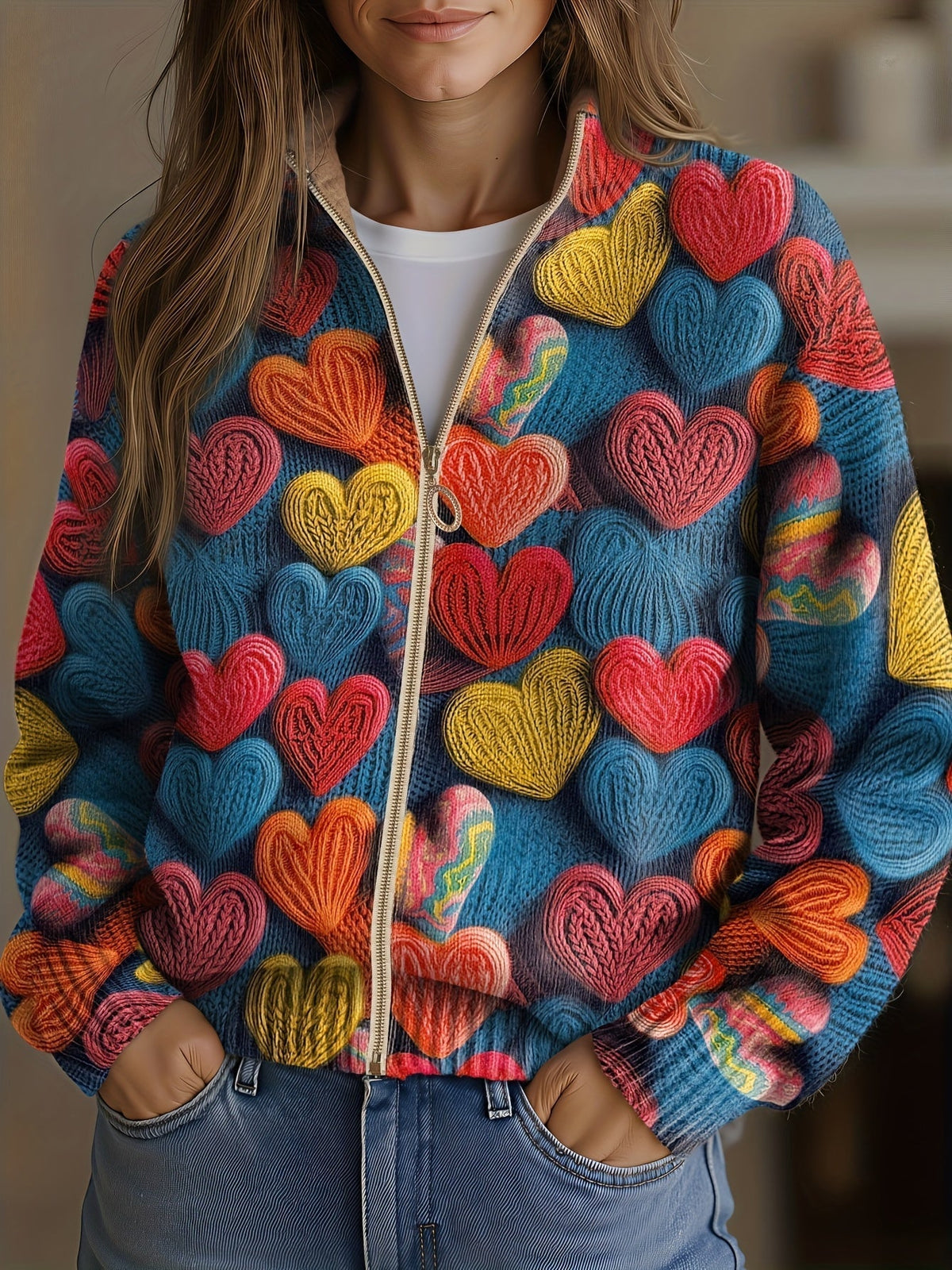 Valentine | Vest voor dames van structuurbreisel met hartjesapplicaties