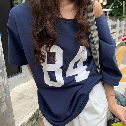 Dams Oversized T-shirt i Varsity-stil med nummer 84 – Avslappnad streetwear-topp
