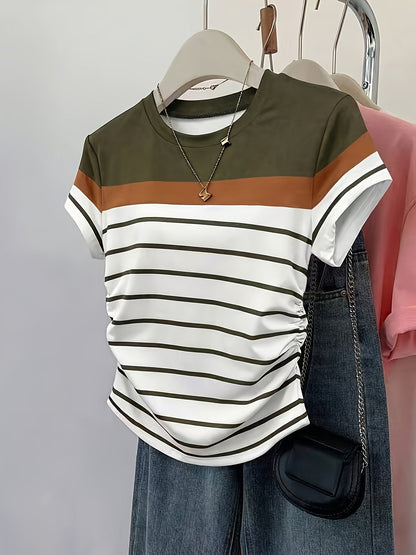 Damen T-Shirt mit Streifen und Raffung – Modisches Freizeitshirt, Sommer-Stil