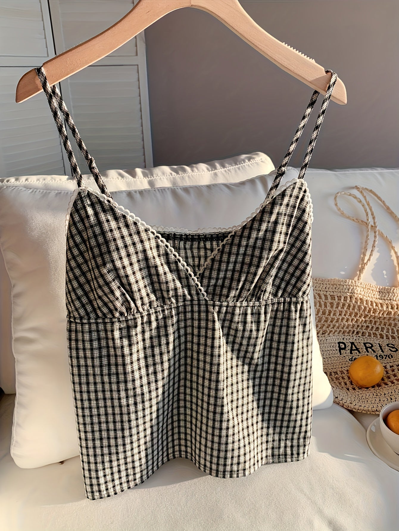 Top de tirantes finos de cuadros para mujer – veraniego, suelto, a la moda para el día a día y las vacaciones