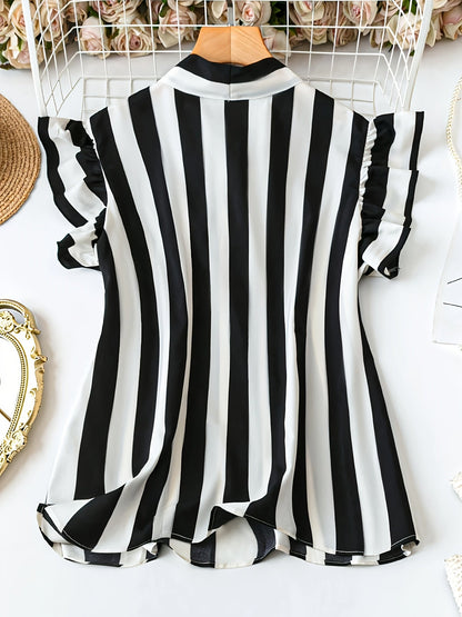 Damebluse elegant med stribet mønster og sløjfehals – Business & fritid
