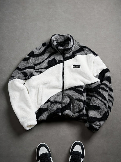 Chaqueta unisex de forro polar de peluche con estampado de cebra y cuello alto