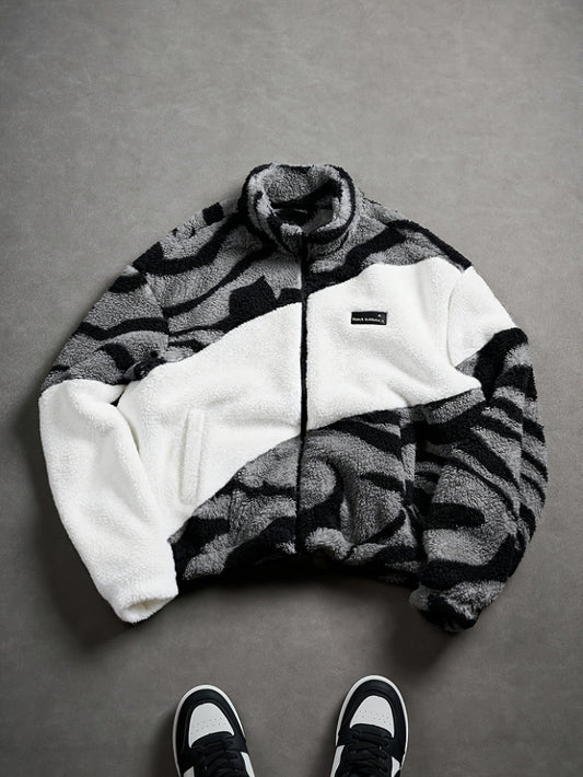Unisex Teddyfleece Jacke mit Zebramuster und Stehkragen