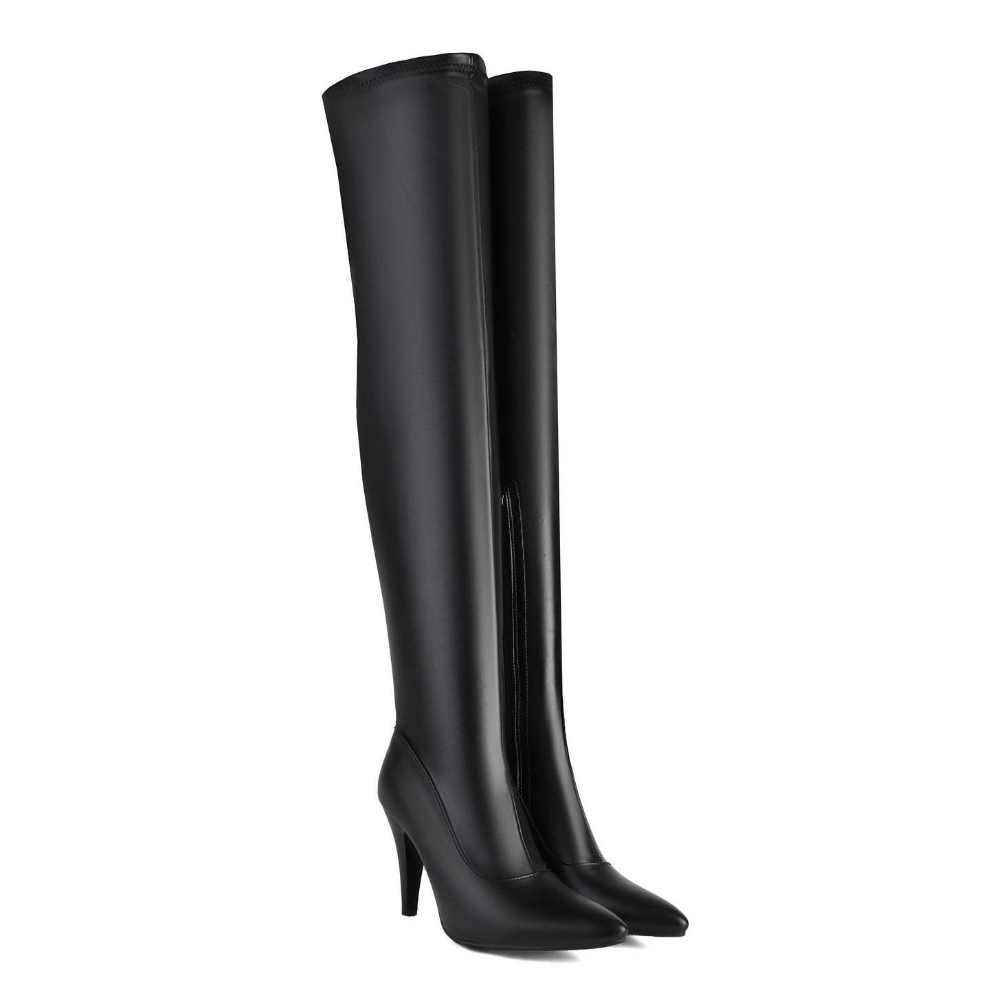 Schwarze Overknee Stiefel mit Stilettoabsatz und spitzer Kappe für Damen
