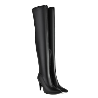 Schwarze Overknee Stiefel mit Stilettoabsatz und spitzer Kappe für Damen