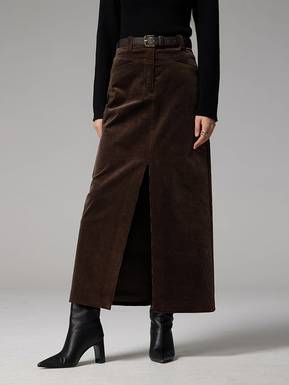 Brun maxi-nederdel i fløjl til kvinder med slids