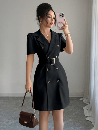 Abito blazer elegante da donna a maniche corte con cintura e doppia fila di bottoni – Business e occasioni