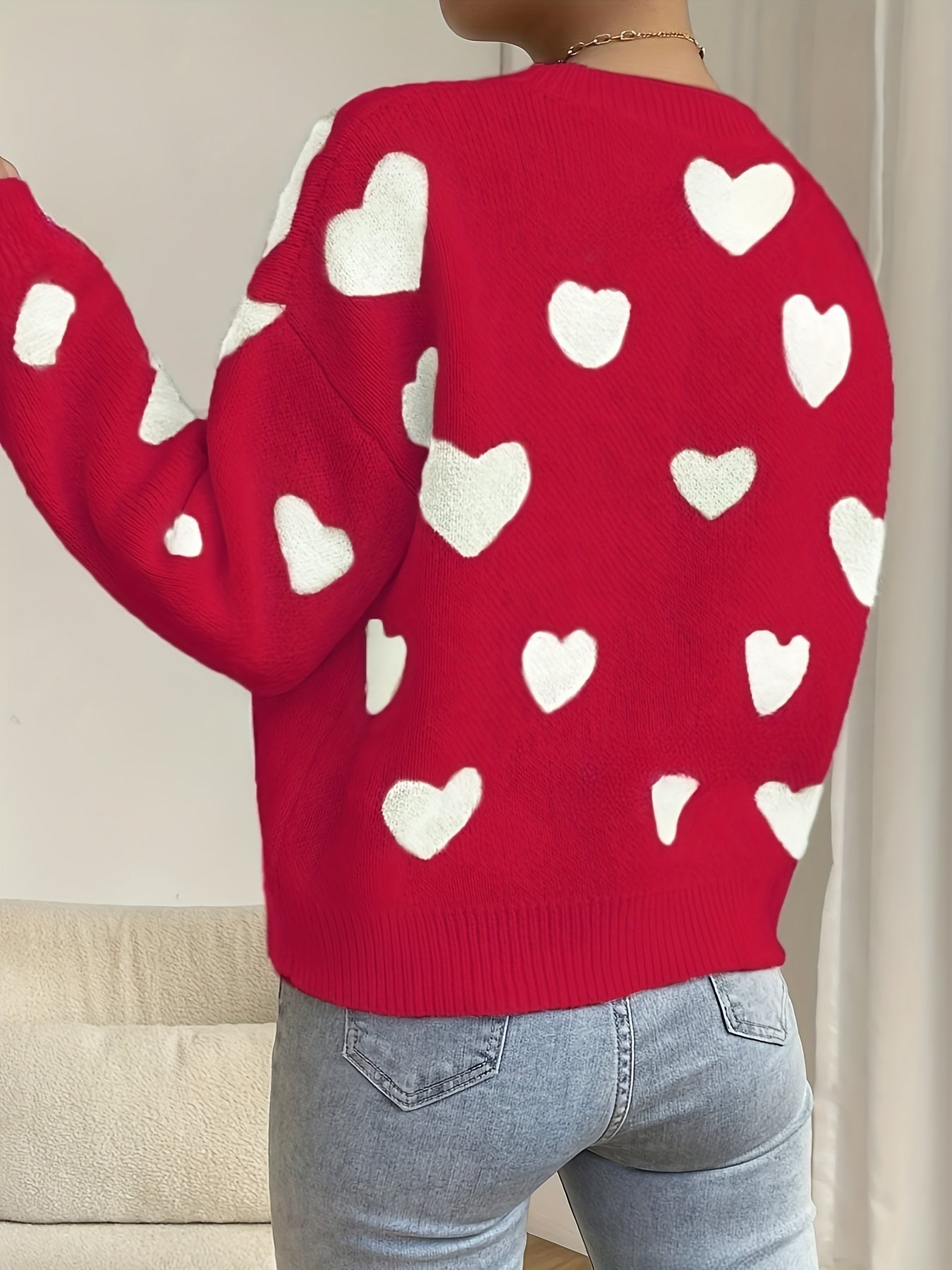 Maglione da donna lavorato a maglia, vestibilità morbida, motivo a cuore, girocollo, bianco e beige