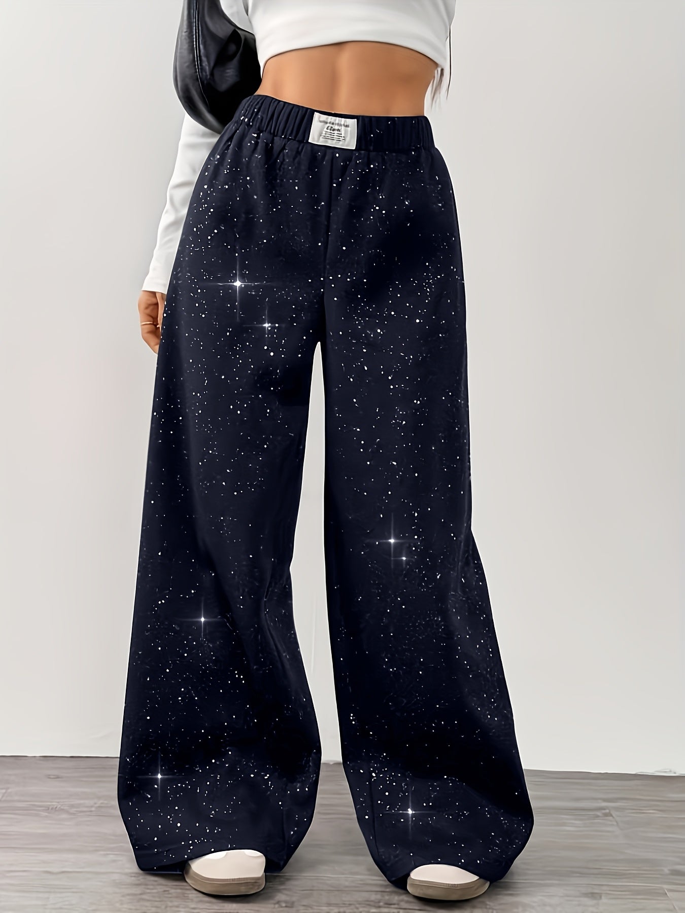 Damen Weite Freizeithose mit Galaxie-Print – Trendige Lounge Pants für Alltag und Freizeit