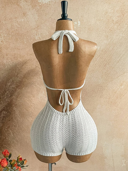 Mono de playa de crochet para mujer con escote en V y cuello halter – Jumpsuit bohemio de verano para vacaciones y playa