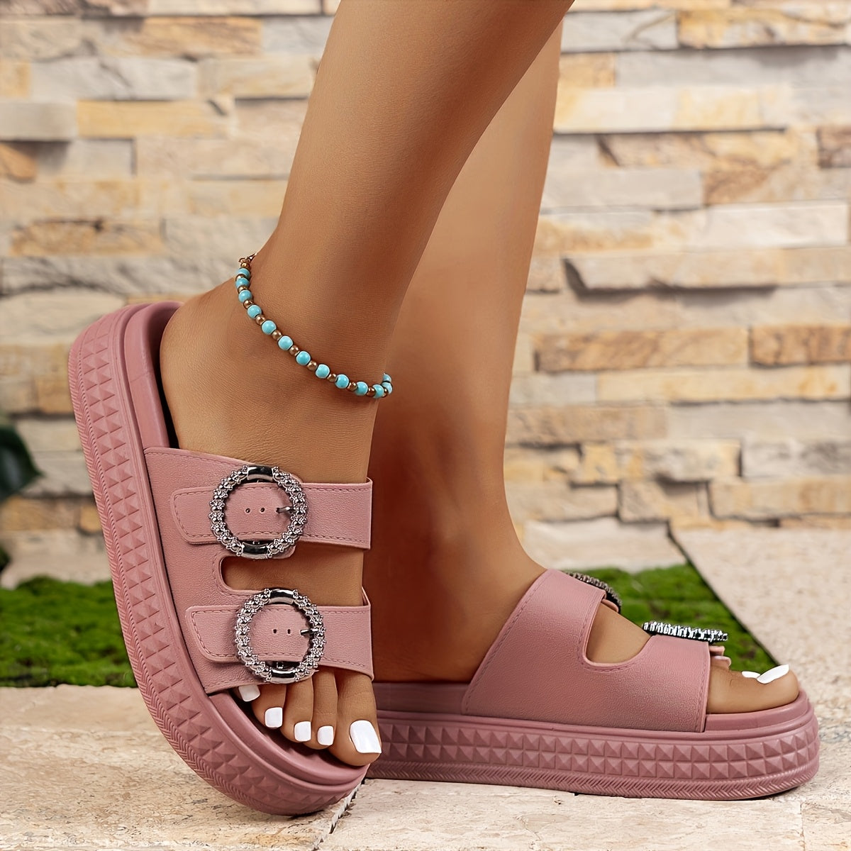 Sandalias de plataforma para mujer con doble correa y hebillas con strass – Zapatos de verano a la moda para uso diario y tiempo libre