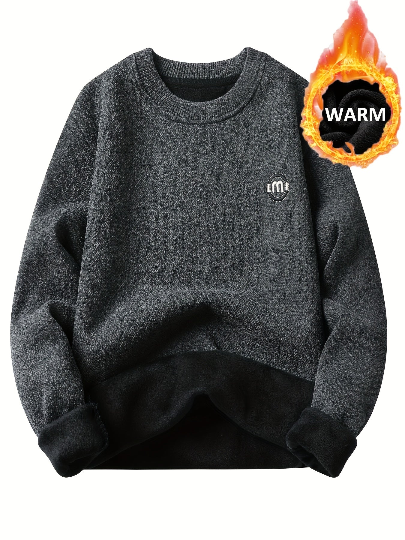 Unisex Winter Pullover Rundhals Grau meliert Warm gefüttert
