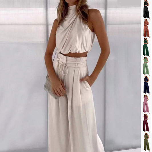 Jasmine – Top casual senza maniche con midriff e pantaloni larghi, set da donna in 2 pezzi