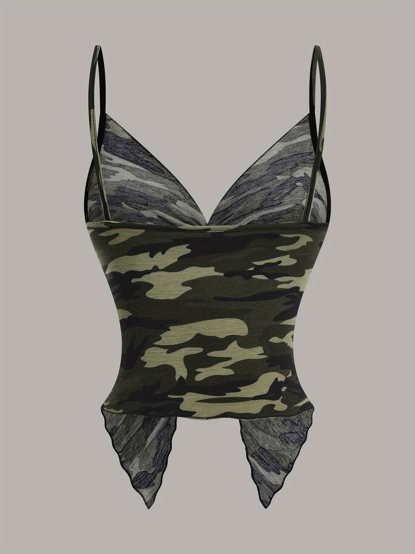 Dame camisole top med camouflageprint og tørklædekant – trendy streetwear til festivaler og natteliv