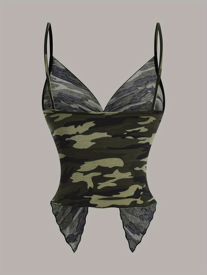 Dame camisole top med camouflageprint og tørklædekant – trendy streetwear til festivaler og natteliv