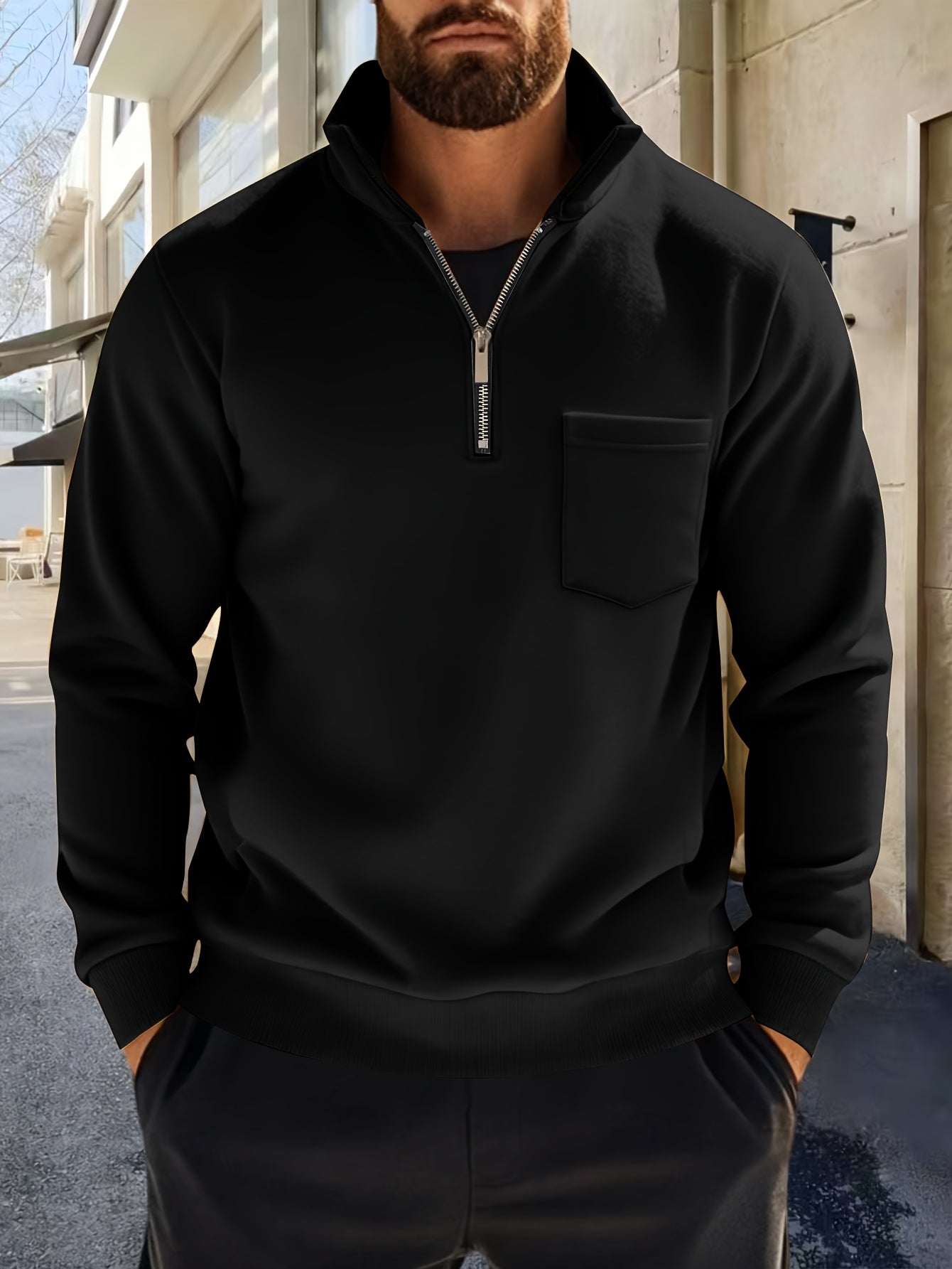 Heren-sweatshirt met halve ritssluiting, opstaande kraag en borstzak, donkergrijs