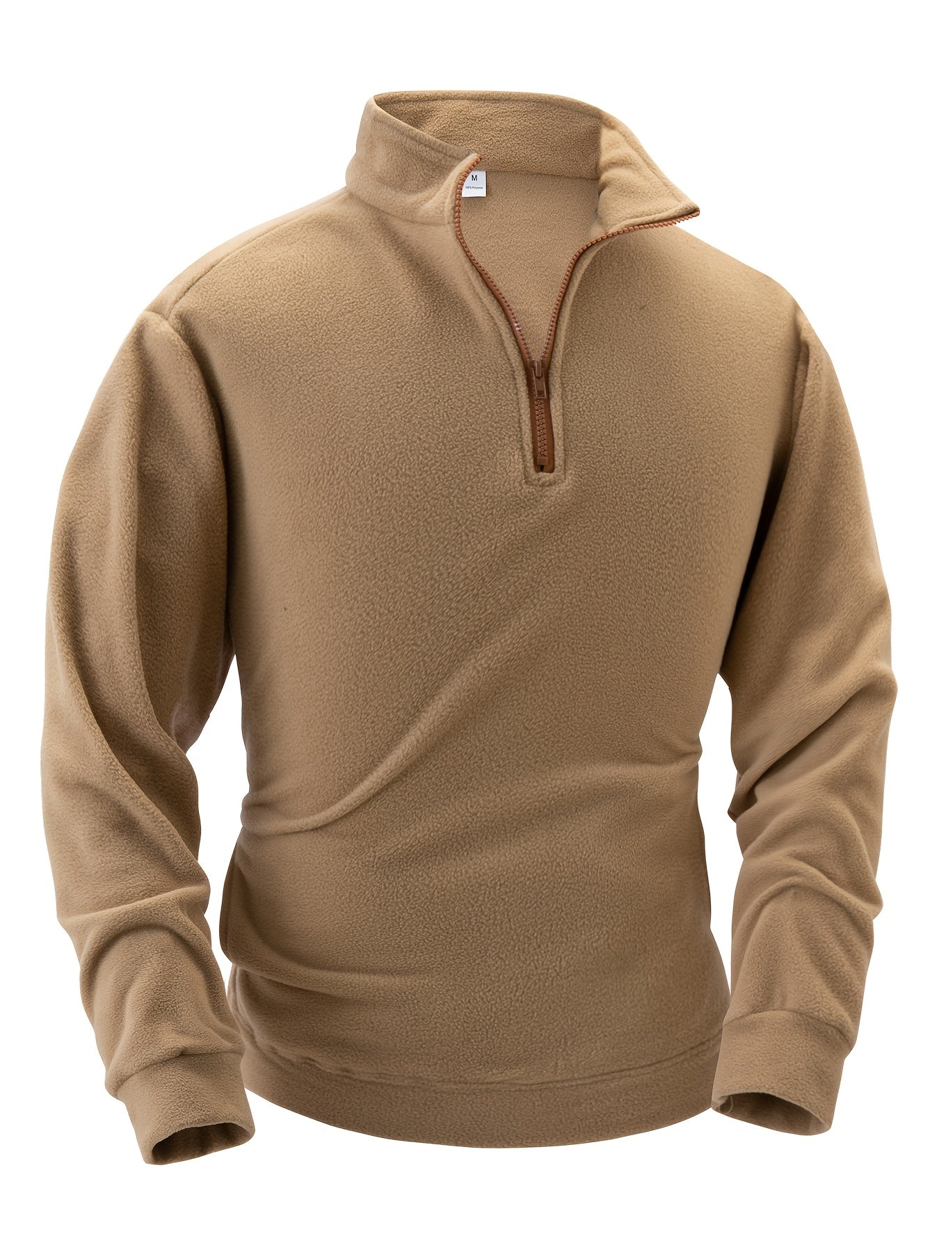 Fleece-pullover til mænd med ståkrave, halv lynlås, lange ærmer og lomme