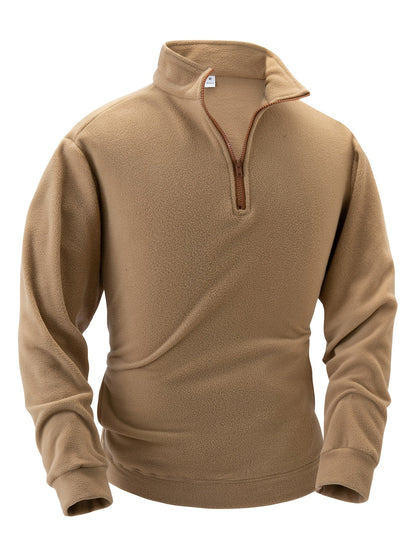 Fleece-pullover til mænd med ståkrave, halv lynlås, lange ærmer og lomme