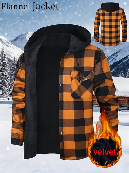 Giacca-camicia da uomo a quadri con cappuccio, imbottita e calda