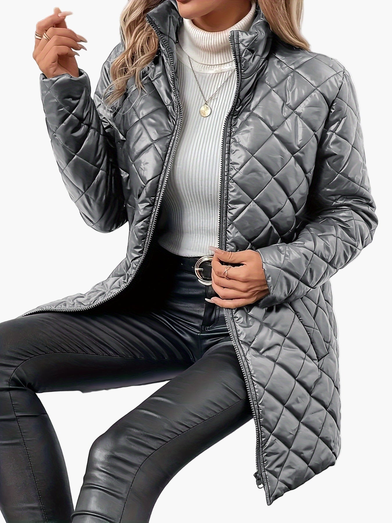 Dame quiltet jakke med moteriktig diamantmønster og ståkrage – Elegant overgangsstil for hverdag og fritid