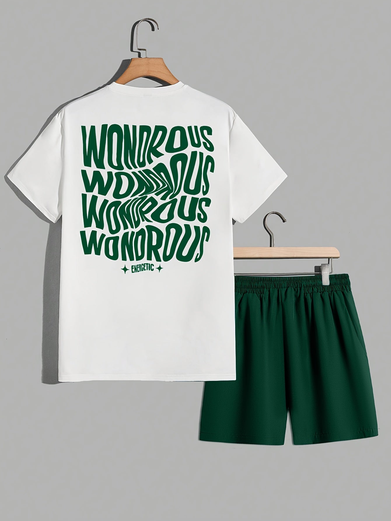 Męski zestaw streetwear z koszulką z grafiką i szortami – nowoczesny casualowy look, styl miejski