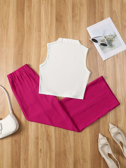 Set elegante da donna – Top senza maniche con collo alto e pantaloni ampi per primavera ed estate